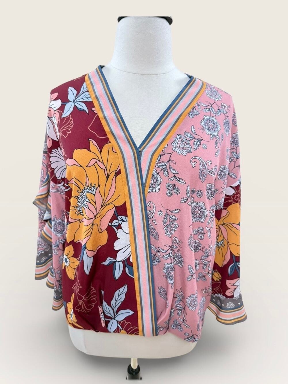 Umgee Mixed Print Kimono Style Blouse, Size 1X